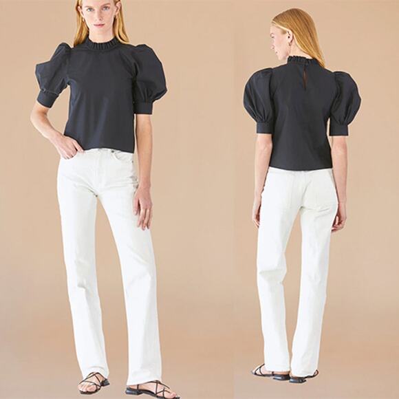 NEW Hunter Bell Stella Mock Neck 3/4 Puff Sleeve Black Blouse Top - Picture 1 of 7